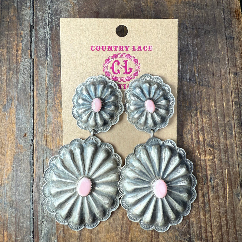 Double Concho W/ Pink Conch Post Sterling Silver Earring