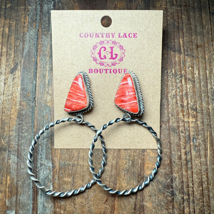 Red Spiny Triangle Movable Hoop Sterling Silver Earring