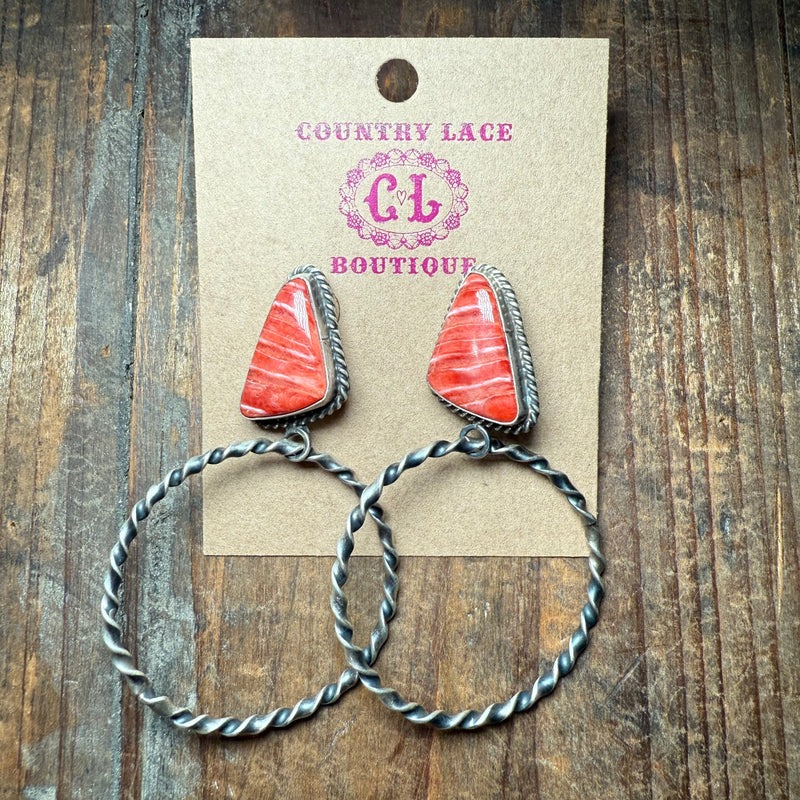 Red Spiny Triangle Movable Hoop Sterling Silver Earring