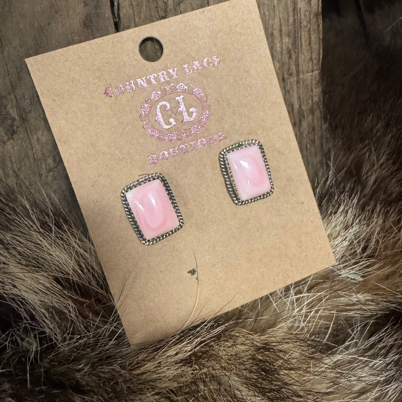 Pink Conch Rectangle Braided Stud Genuine Earring