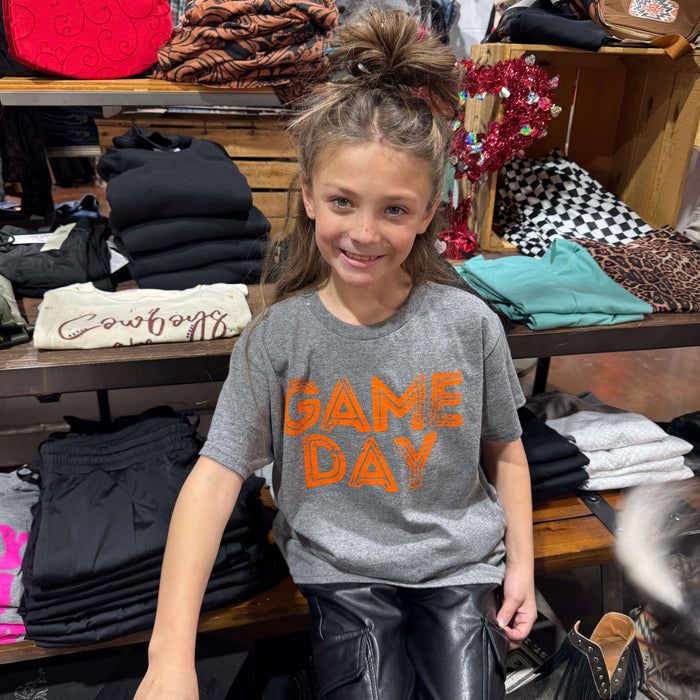 Youth Large Grey Orange Game Day Youth Crew Neck T-shirt