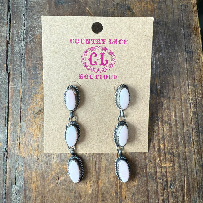 3 Stone Drop Pink Conch Post Sterling Silver Earring