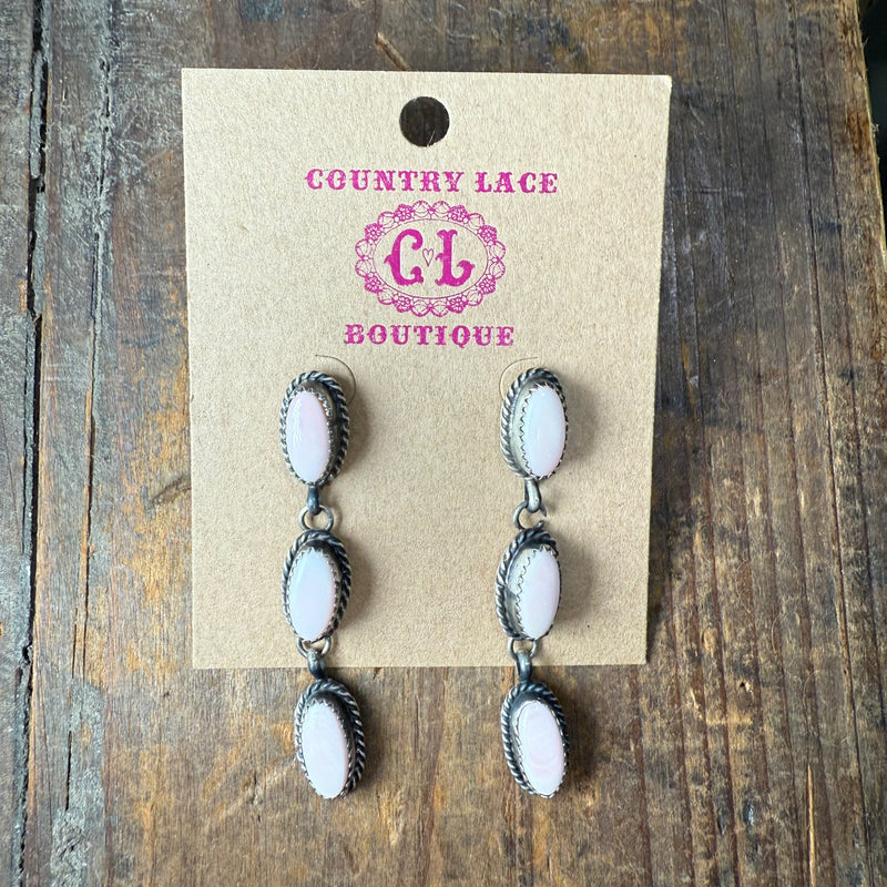 3 Stone Drop Pink Conch Post Sterling Silver Earring