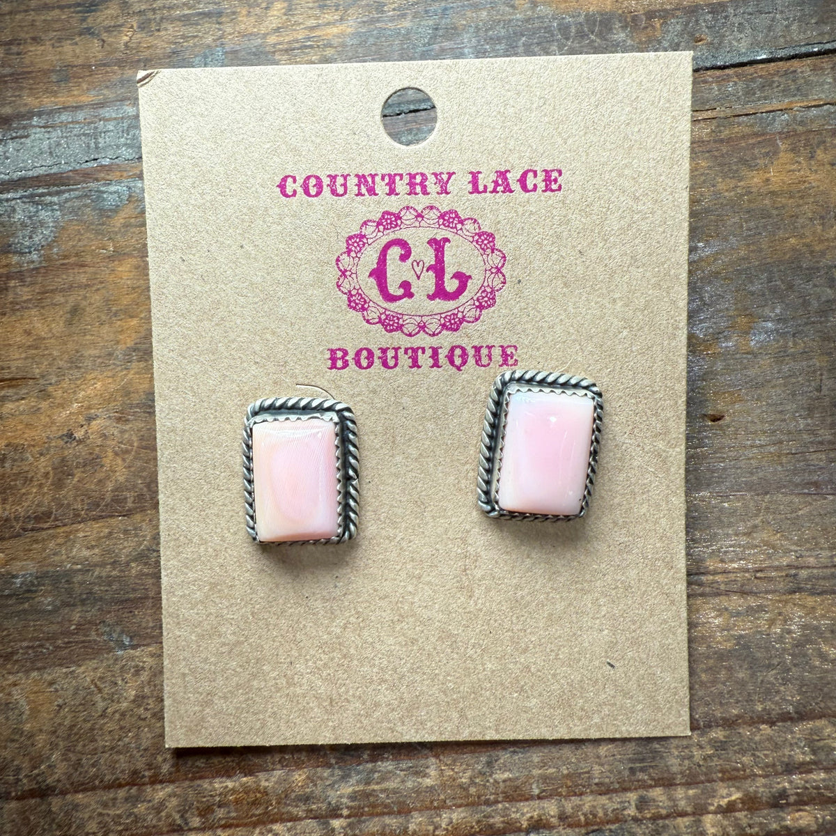 Pink Conch Rectangle Braided Stud Sterling Silver Earring