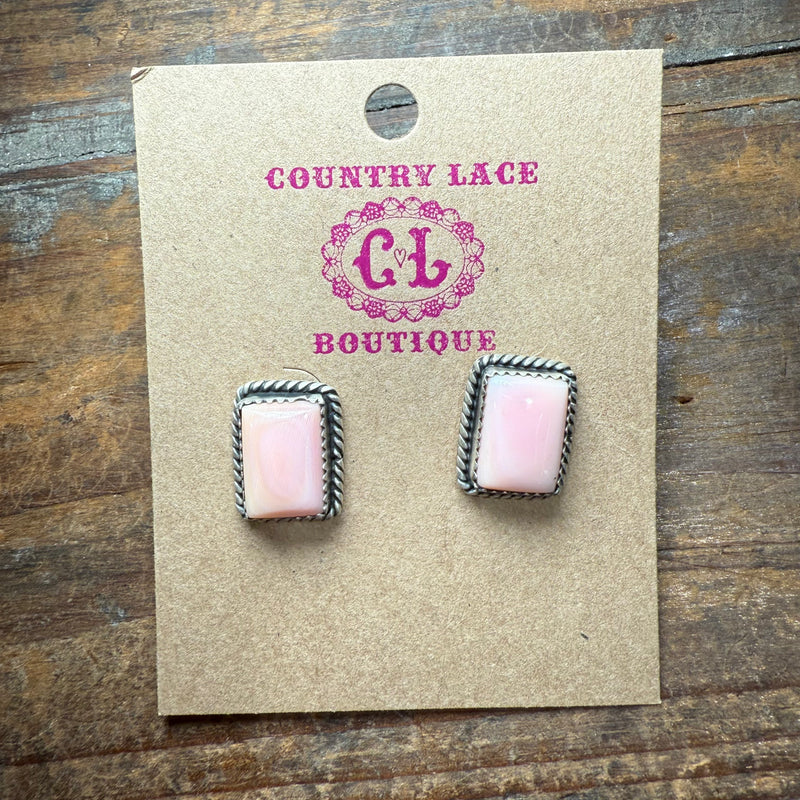 Pink Conch Rectangle Braided Stud Sterling Silver Earring