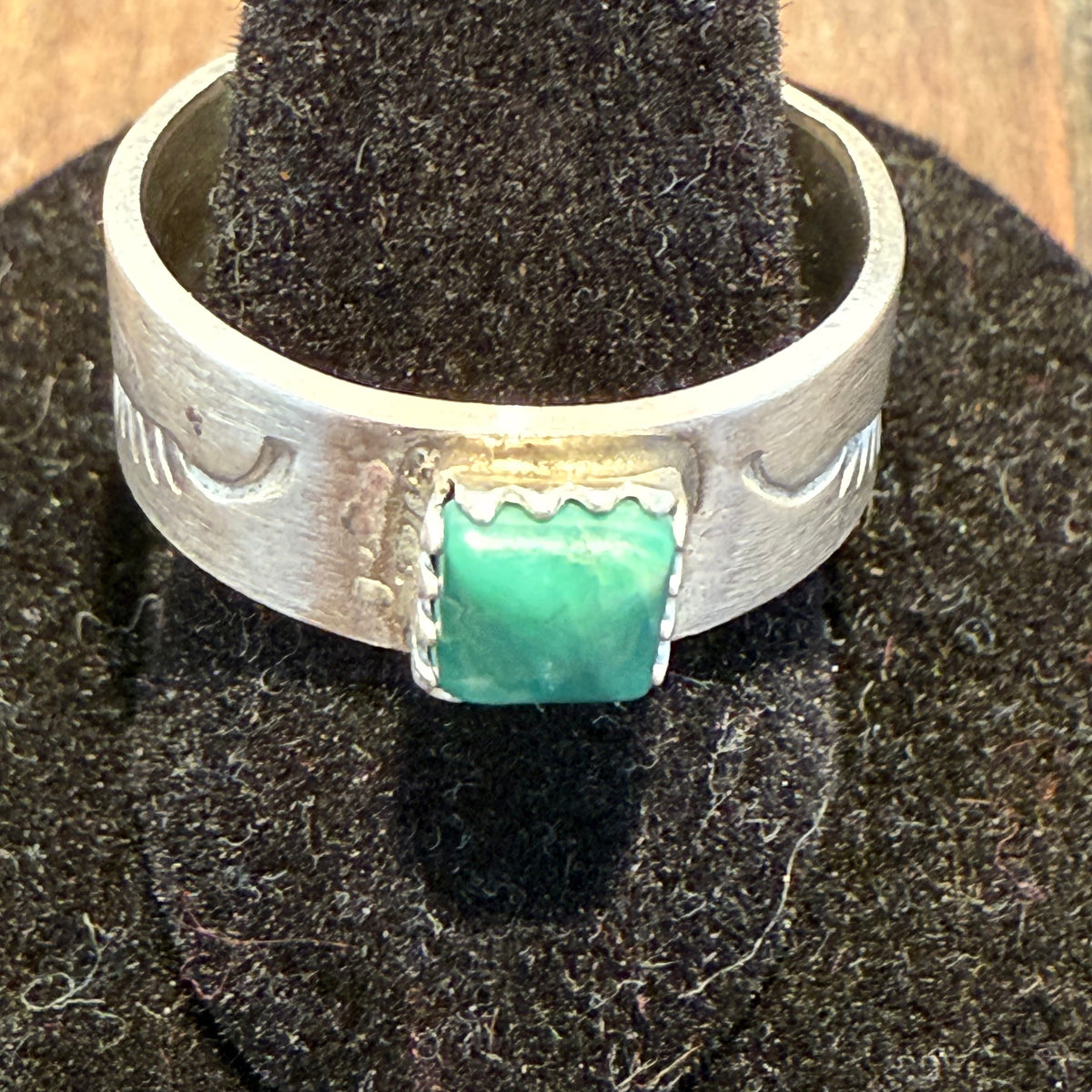 Dainty Green Turquoise Square Stone w/ Stamped Detail Sterling Silver Ring