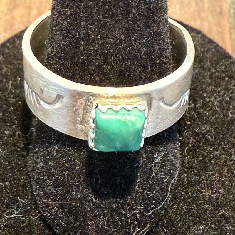 Dainty Green Turquoise Square Stone w/ Stamped Detail Sterling Silver Ring