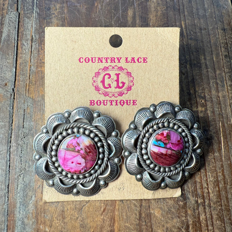 Pink Dahlia Fancy Round Post Sterling Silver Earring