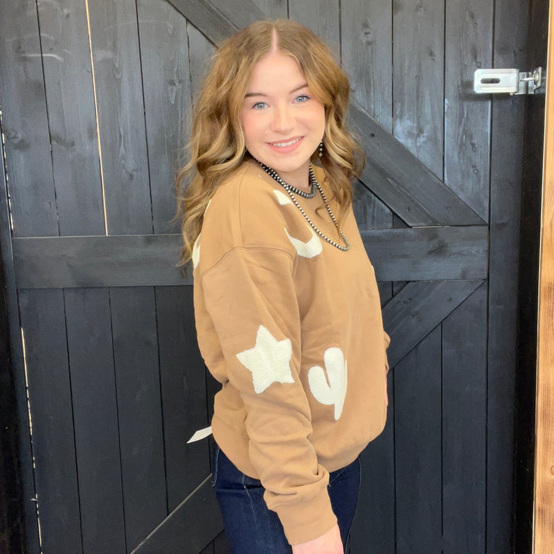 Tan Western Textured Patchwork Sweatshirt