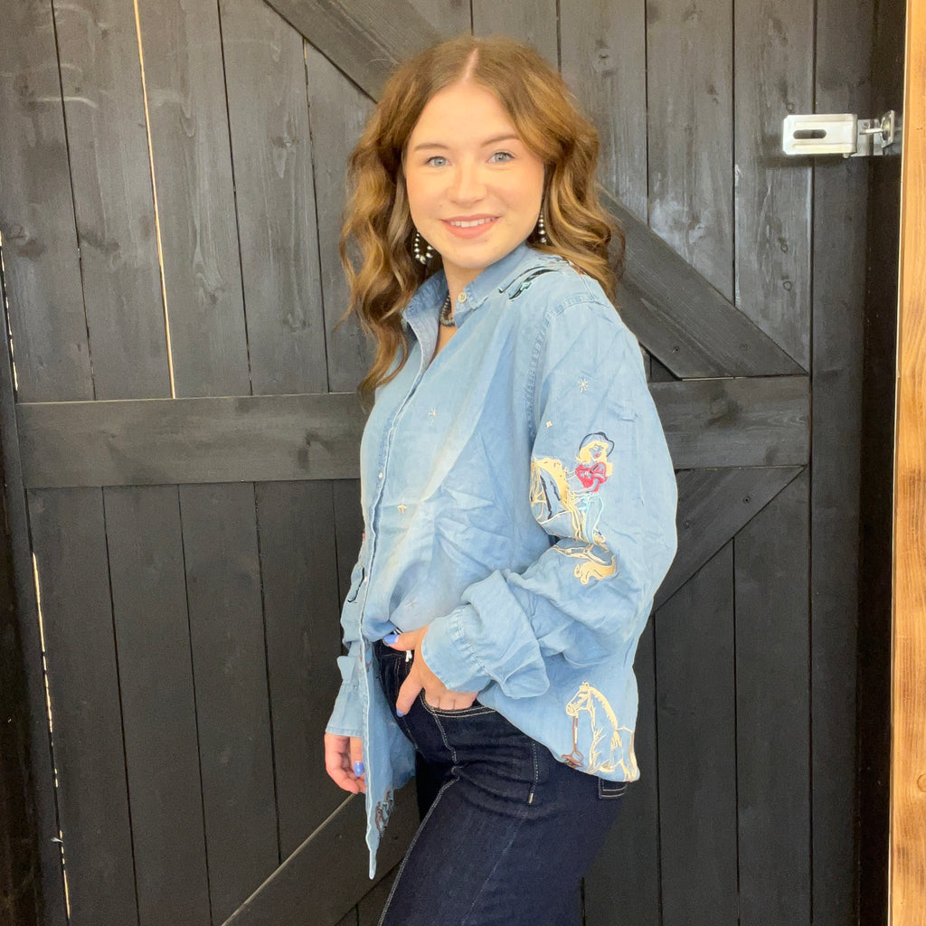 Western Motif Embroidered Tencel Long Sleeve Button Top