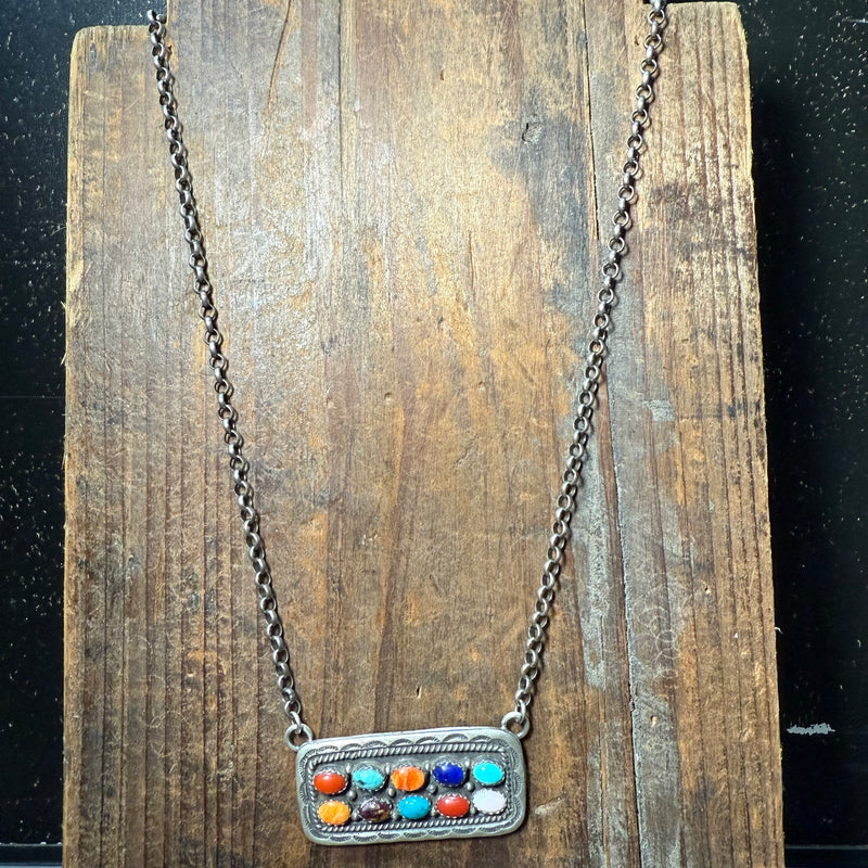Multi Colored Stamped Detail Sterling Silver Necklace