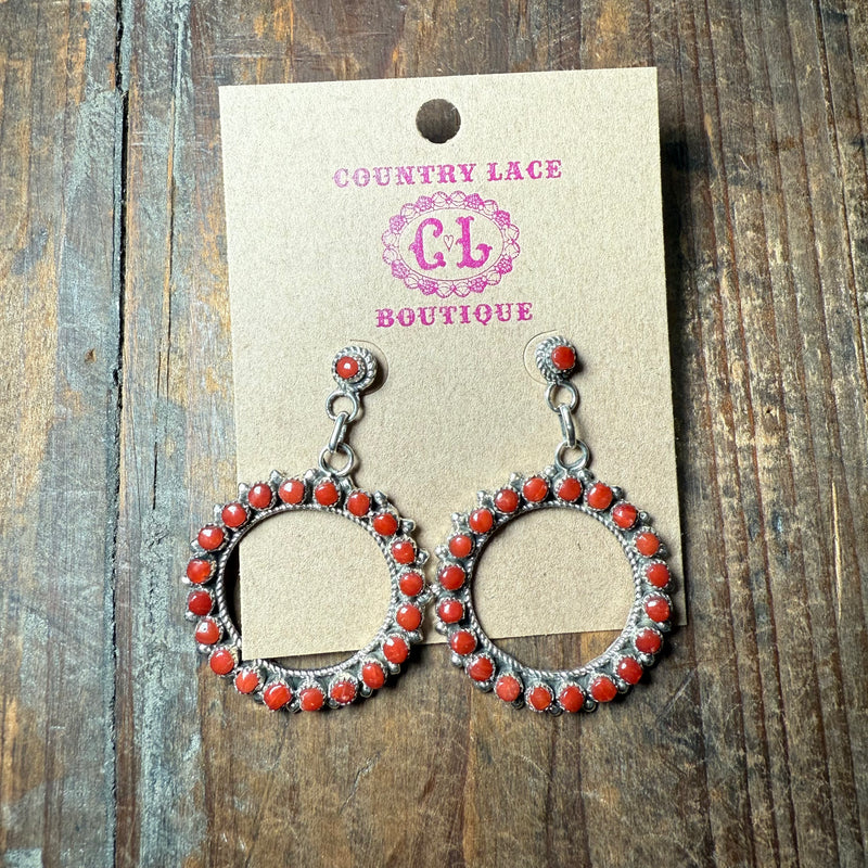 Unique Zuni Coral Dangle Post Sterling Silver Earring