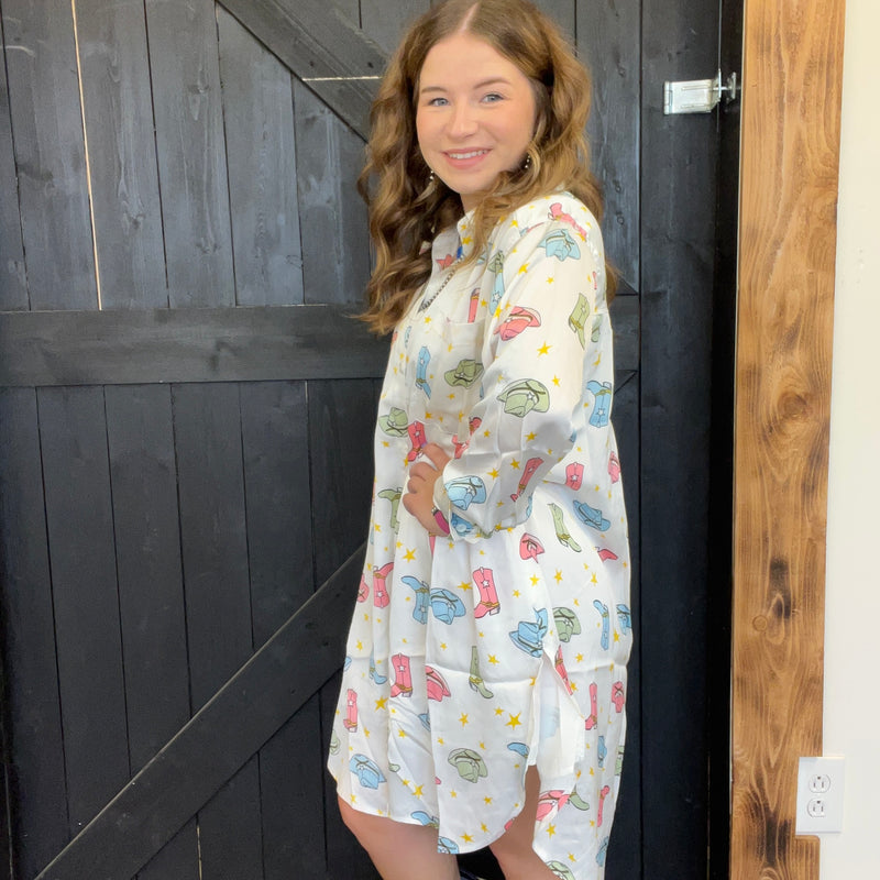 Satin Cowboy Hat Boots Print Button Up Pocket Front Tunic/Dress