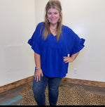 Royal Blue V Neck Short Ruffle Sleeves Top