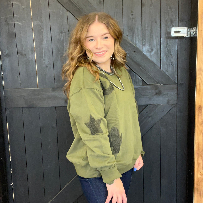 Olive Green Western Textured Patchwork Sweatshirt