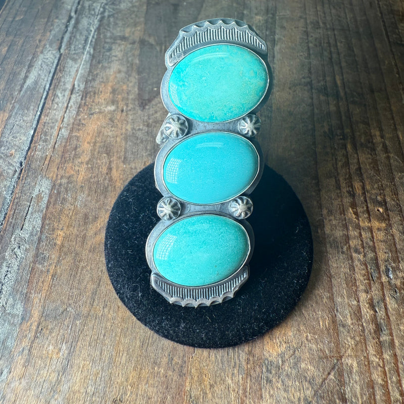 3 Stone Green Turquoise Long Sterling Silver Ring