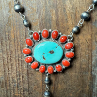 Authentic Red Spiny & Turquoise Cluster Lariat with Contemporary Navajo Pearls Sterling Silver Necklace