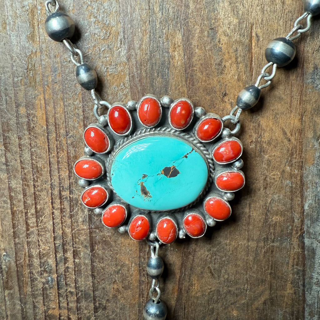 Authentic Red Spiny & Turquoise Cluster Lariat with Contemporary Navajo Pearls Sterling Silver Necklace
