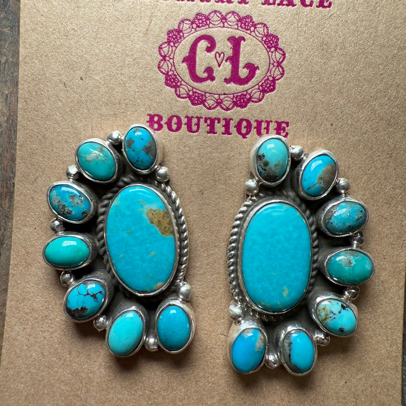 Kingman Turquoise Half Cluster Post Sterling Silver Earring