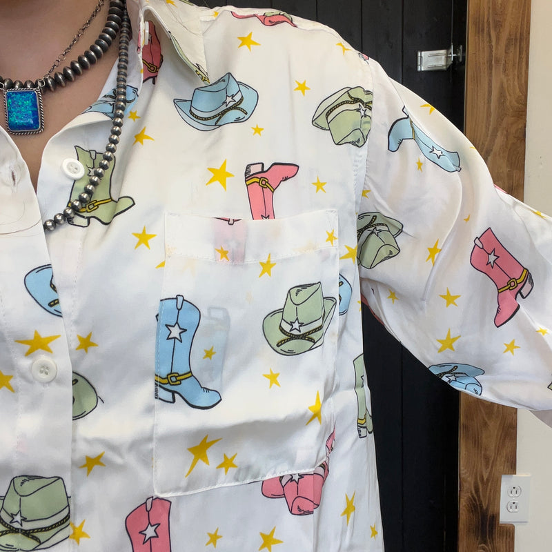 Satin Cowboy Hat Boots Print Button Up Pocket Front Tunic/Dress