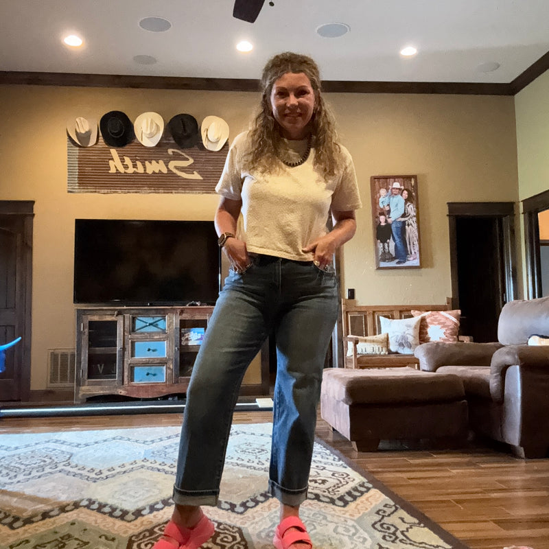 Dark Wash Mid Rise Ankle Boyfriend Turn Cuffed Risen Jeans