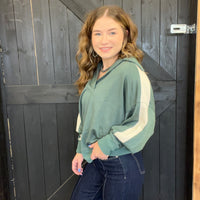 sage green  sweatshirt with white stripes 