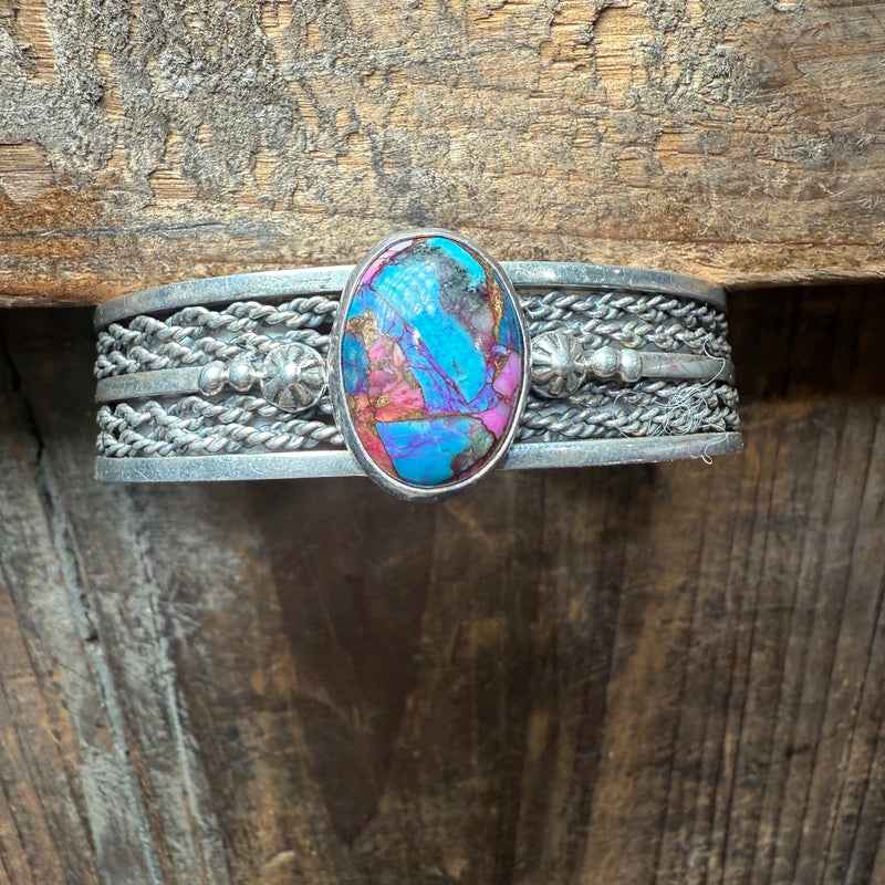 Pink Dahlia Oval Stone Cuff Sterling Silver Bracelet