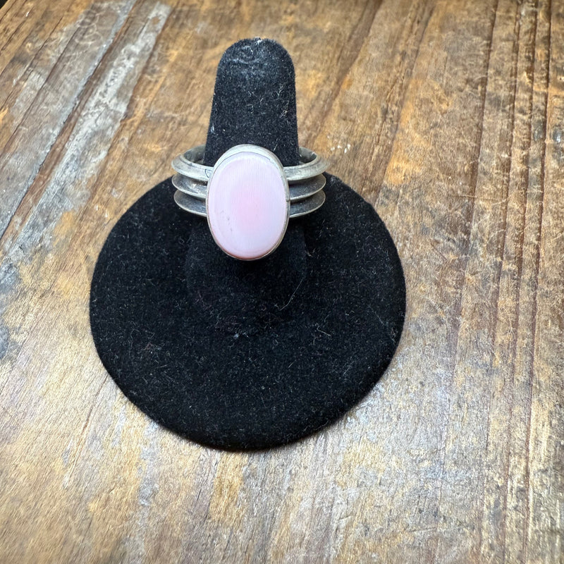Oval Pink Conch with Patina Band Sterling Silver Ring