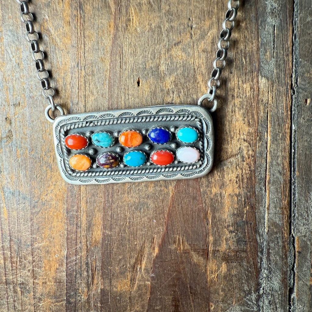 Multi Colored Stamped Detail Sterling Silver Necklace