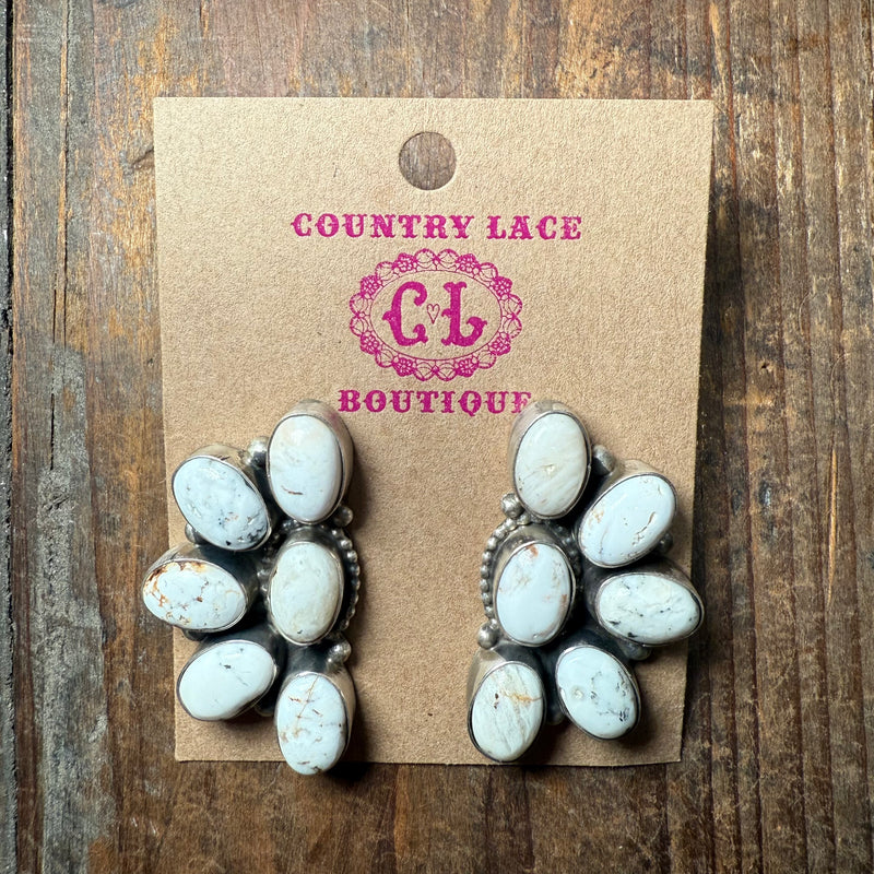 Gorgeous Half Cluster White Buffalo Stud Post Sterling Silver Earring