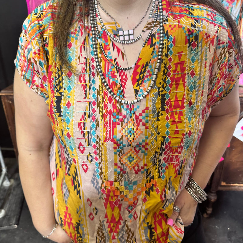 Colorful Aztec Printed Embroidered Top