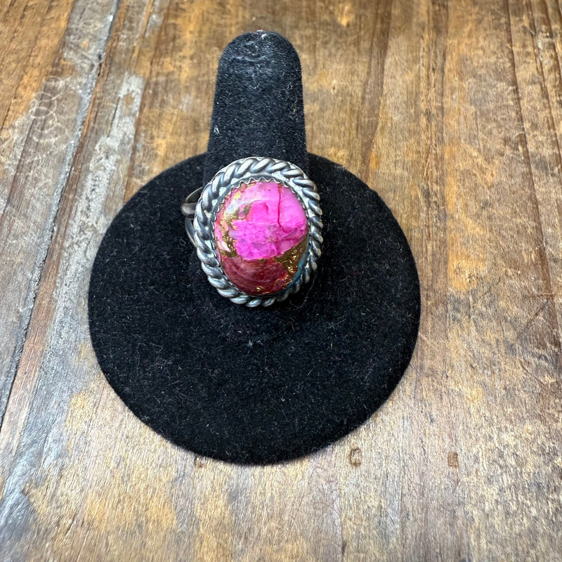 Pink Dahlia Oval Braided Sterling Silver Ring