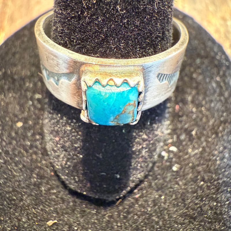 Dainty Turquoise Square Stone w/ Stamped Detail Sterling Silver Ring