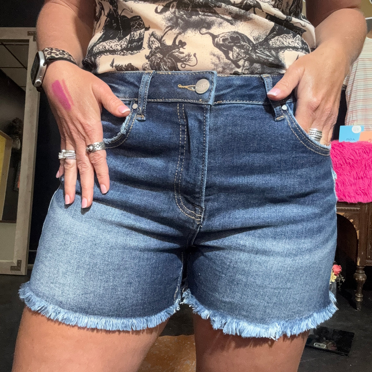 Risen High Rise Fray Bottom Dark Shorts