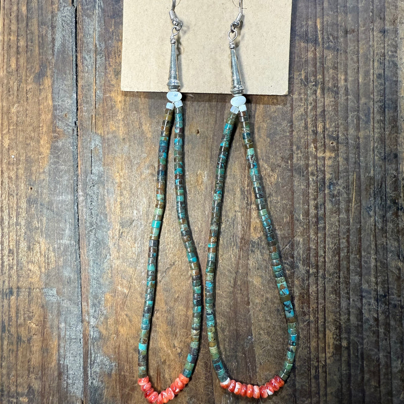 Super Long Turquoise Heishi and Red Spiny Sterling Silver Earrings