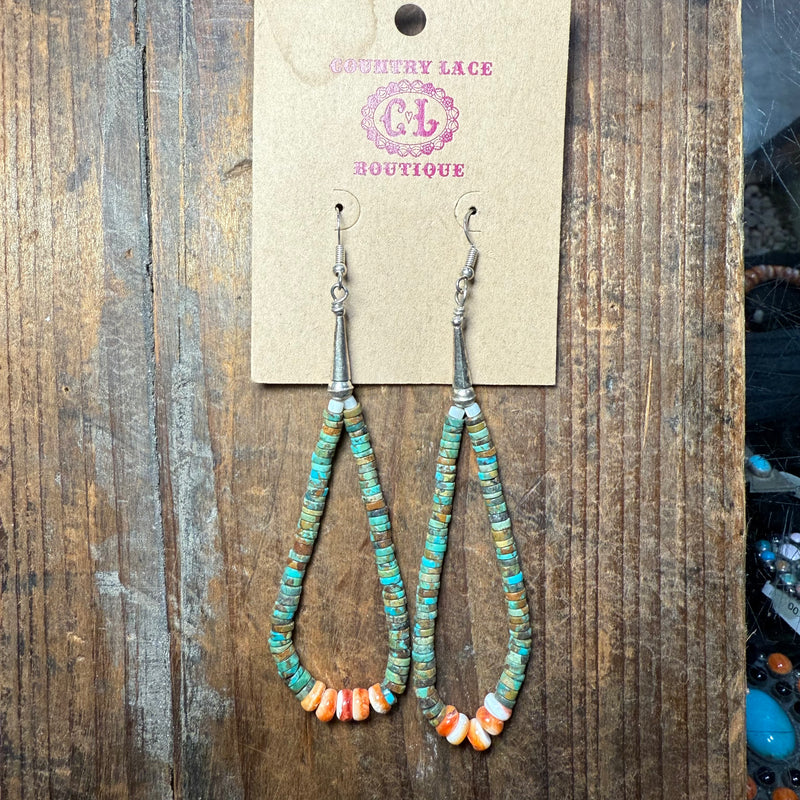 Green Turquoise Heishi and Orange Spiny Sterling Silver Earrings