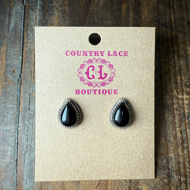 Dainty Black Onyx Tear Drop with Rope Detail Stud Post Sterling Silver Earring