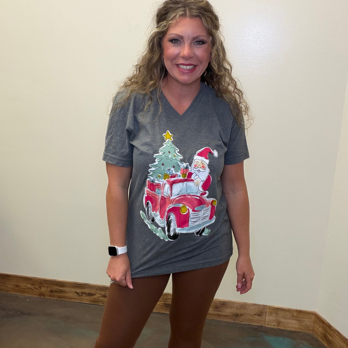 Heather Grey Santa Red Truck V Neck Short Sleeve T Shirt