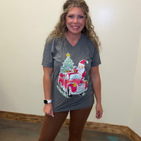 Heather Grey Santa Red Truck V Neck Short Sleeve T Shirt