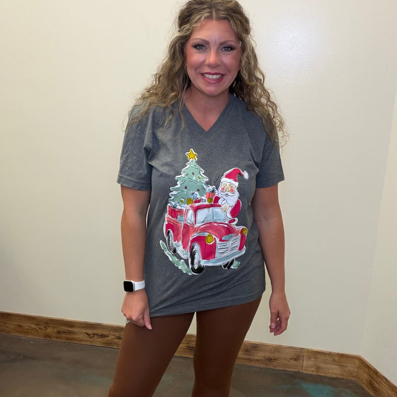 Heather Grey Santa Red Truck V Neck Short Sleeve T Shirt