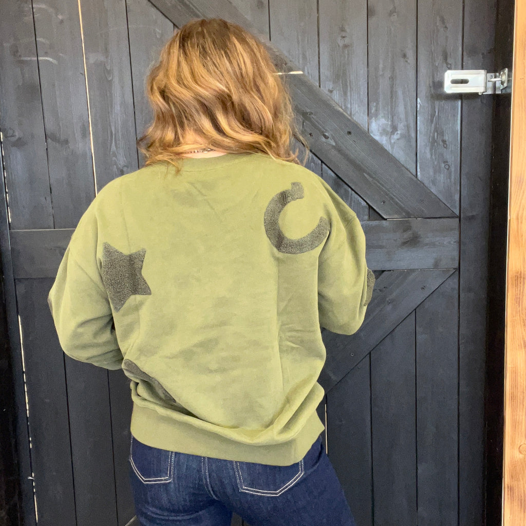 Olive Green Western Textured Patchwork Sweatshirt