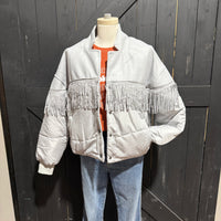 ight gray puffer jacket with fringe  