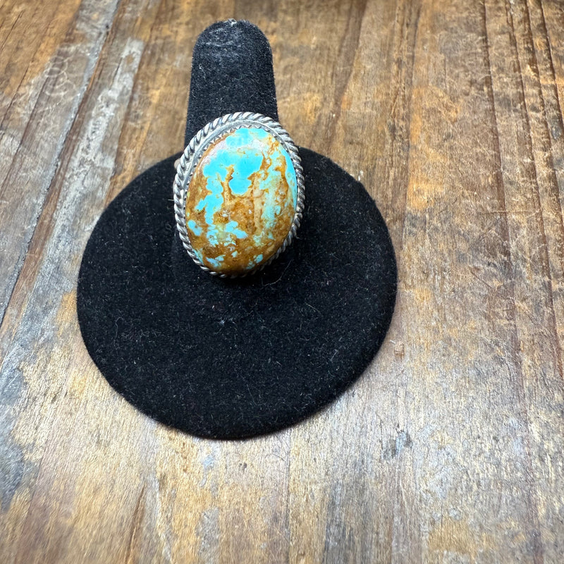 Braided Round Turquoise Oval Double Shank Sterling Silver Ring Size 6.75