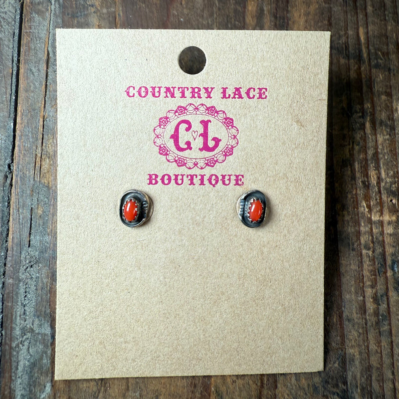 Red Coral Patina Stud Post Sterling Silver Earring