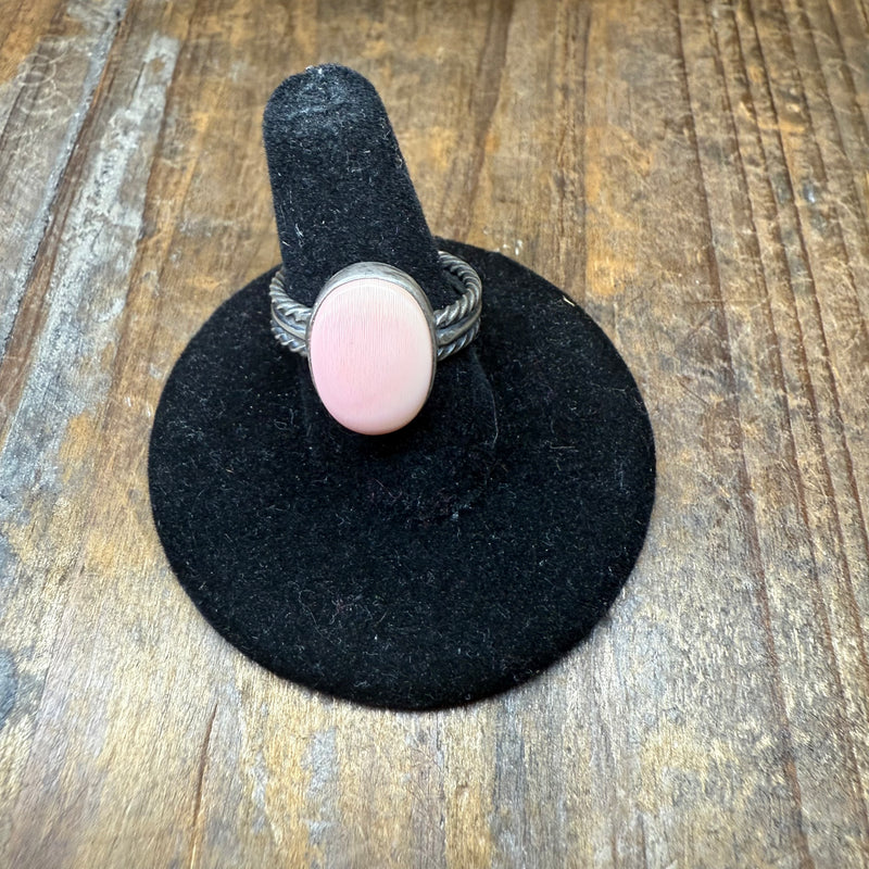 Pink Conch Oval with Braided Band Sterling Silver Ring