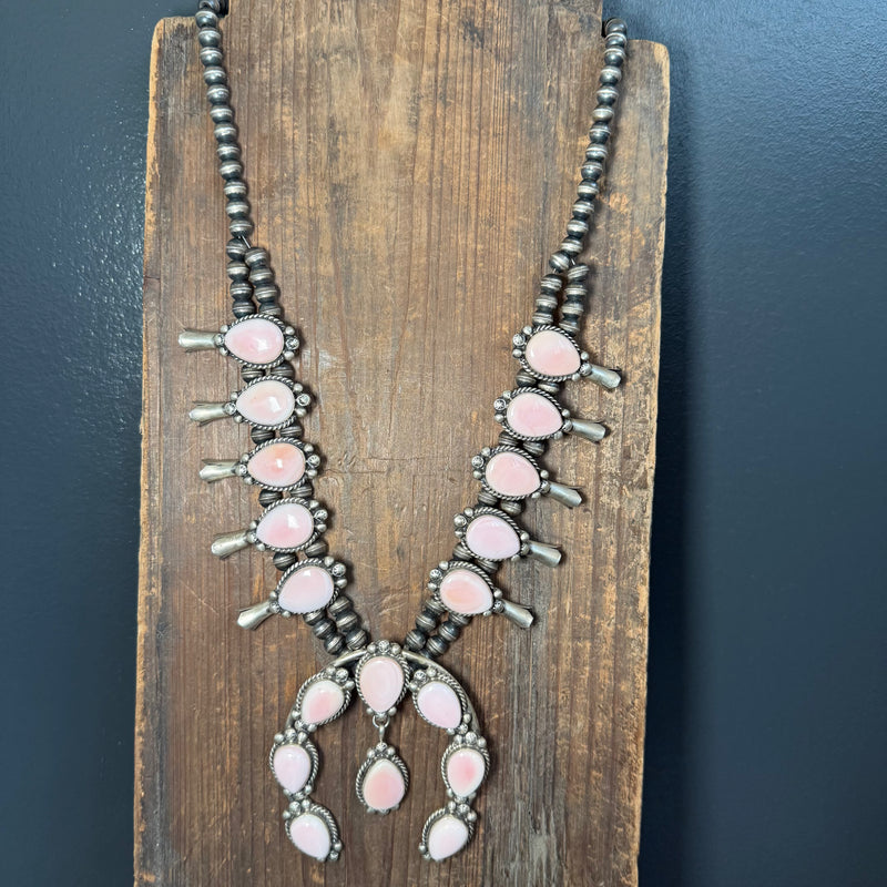 Authentic Pink Conch Squash Blossom Sterling Silver Necklace
