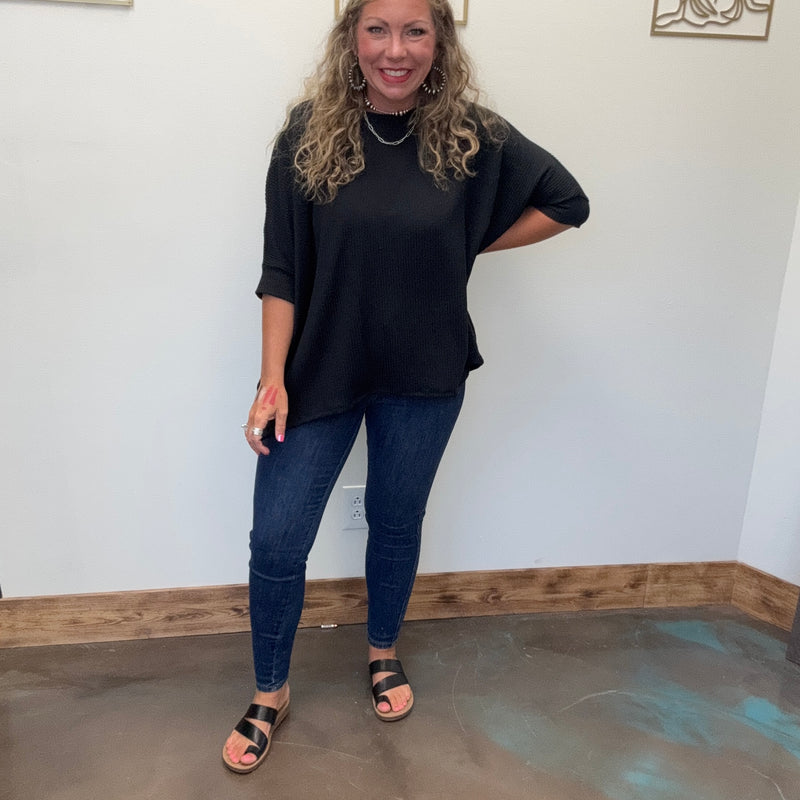 Black Ribbed Dolman Shortsleeve Top