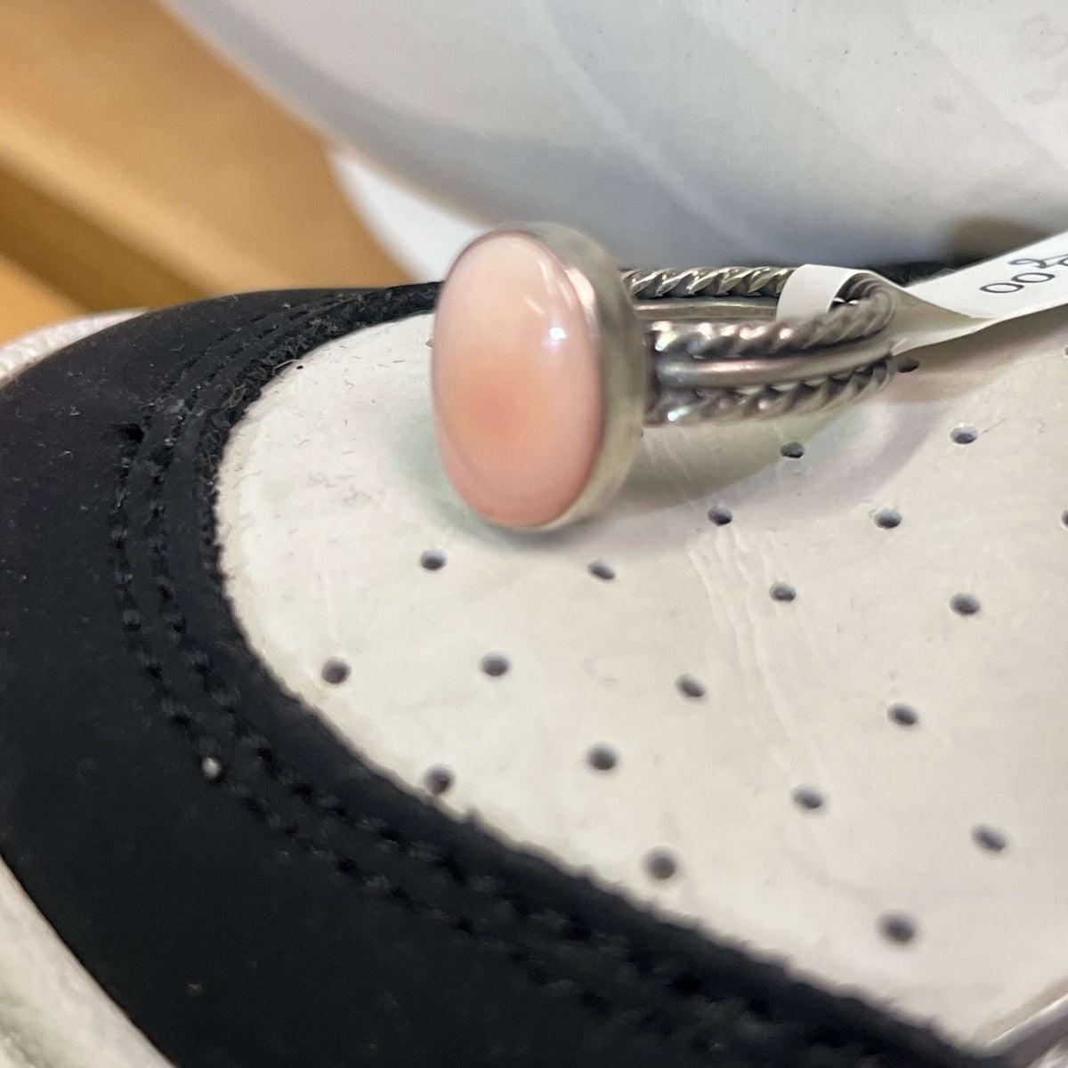 Pink Conch Oval with Braided Band Sterling Silver Ring