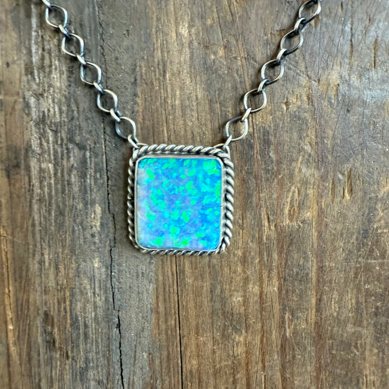 White/Green Opal Square Sterling Silver Necklace