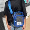 clear bag with blue strap 